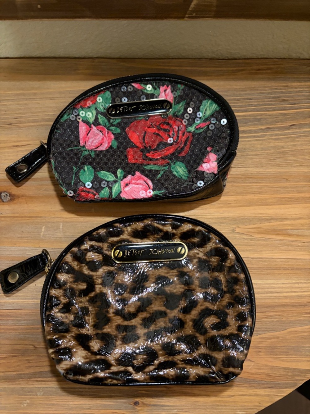 Betsey Johnson Leopard & Sequin Rose Print Small Cosmetic Pouch Set of 2